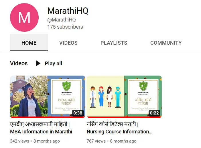 Screenshot of MarathiHQ.com's YouTube Channel